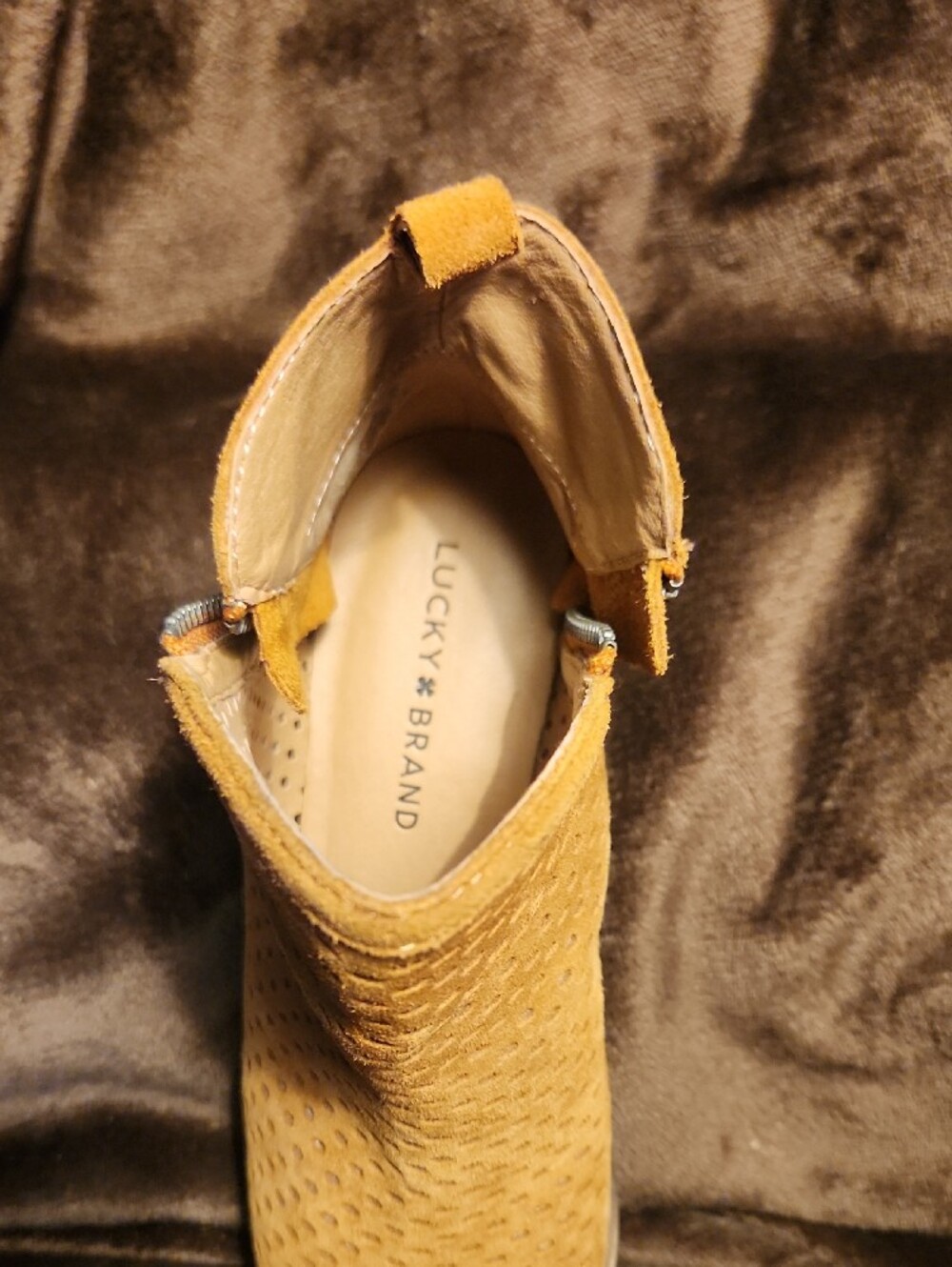 Suede Perforated Ankle Bootie By Lucky Brand Size 7.5 Womens- Tan - Picture 3 of 7